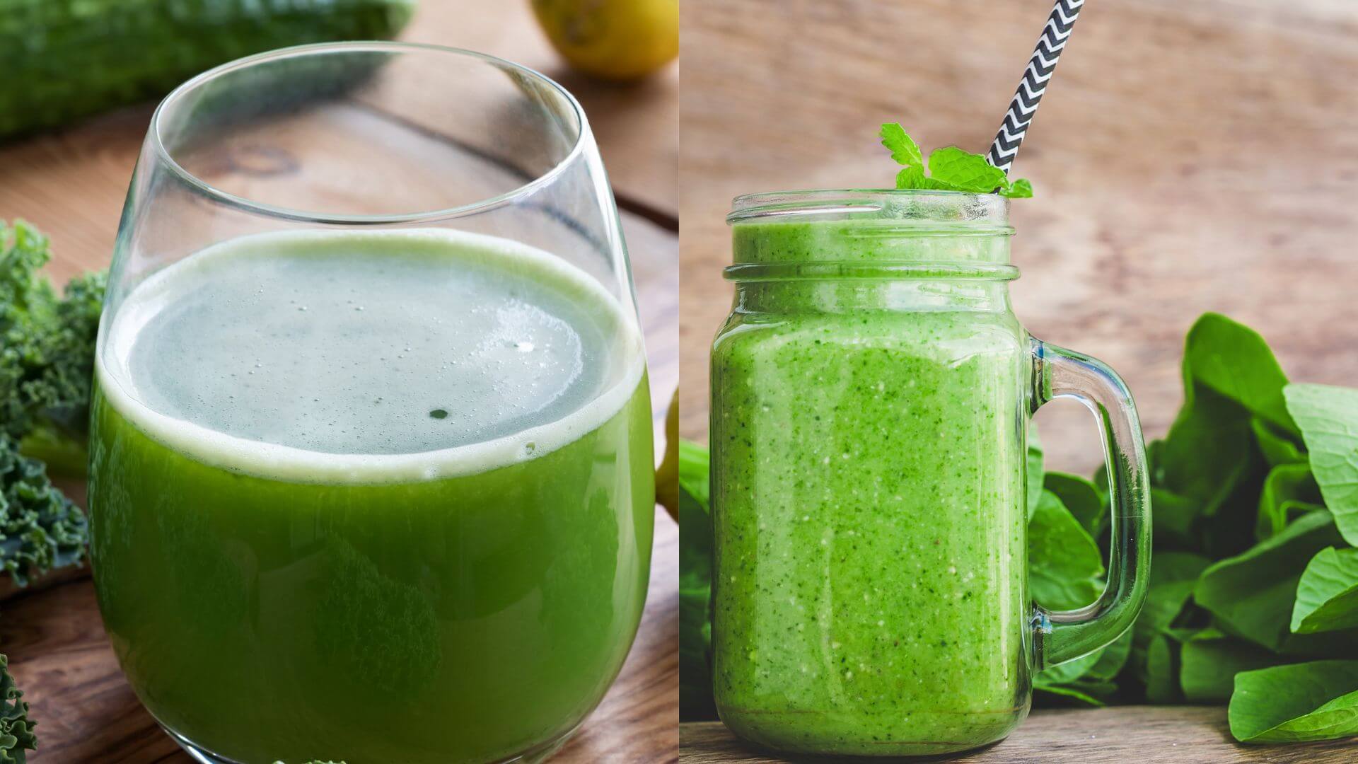 Two glass jars of kale and spinash leaf and juice in this Kale vs Spinach article