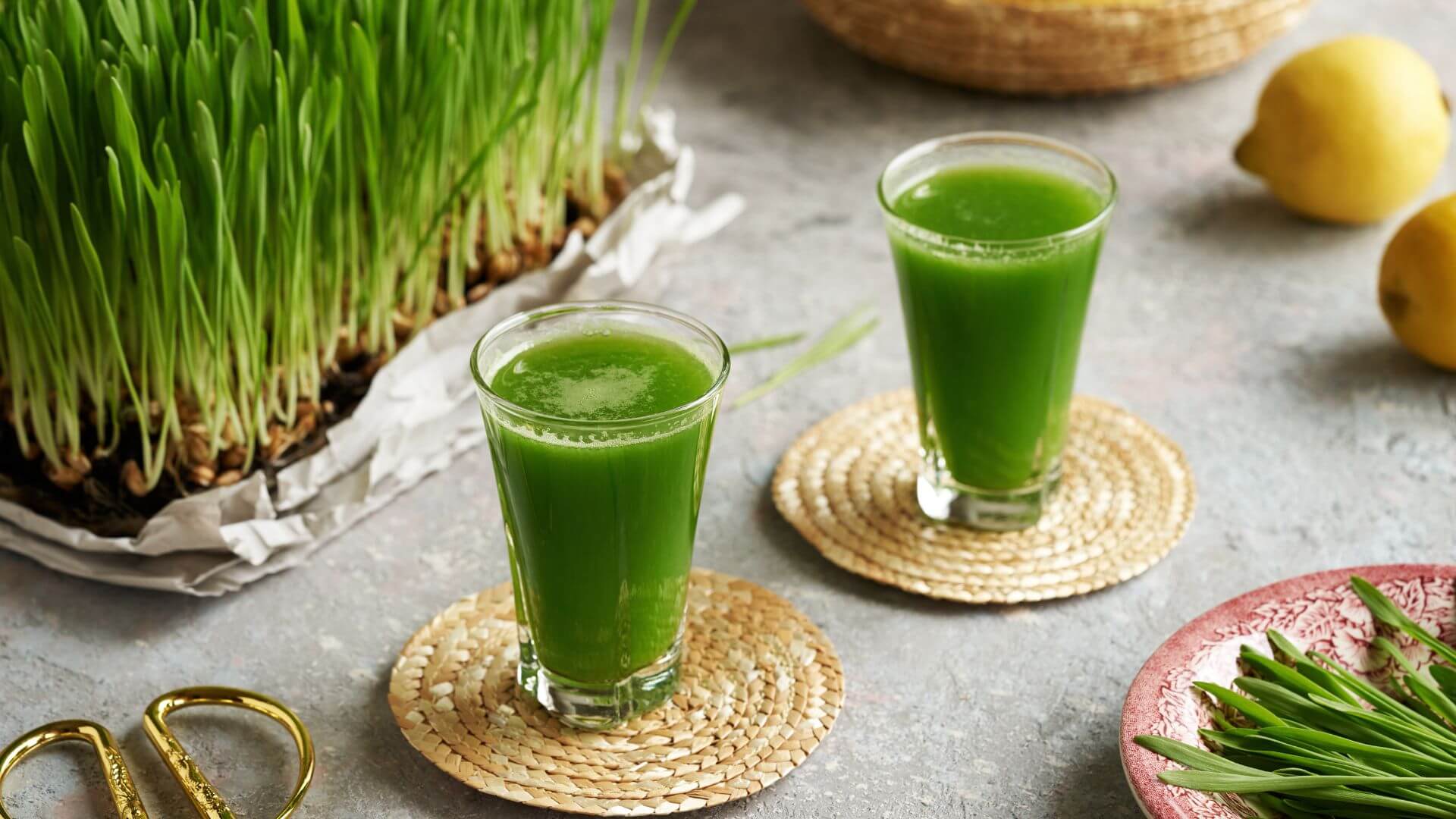 image of green barley juice in two glasses